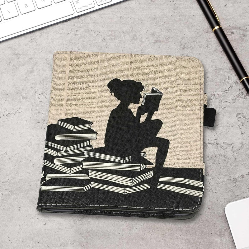 kwmobile Case Compatible with Kobo Libra Colour - Case PU Leather Cover with Magnet Closure, Stand, Strap, Card Slot - Girl and Books Black/Beige - Image 3